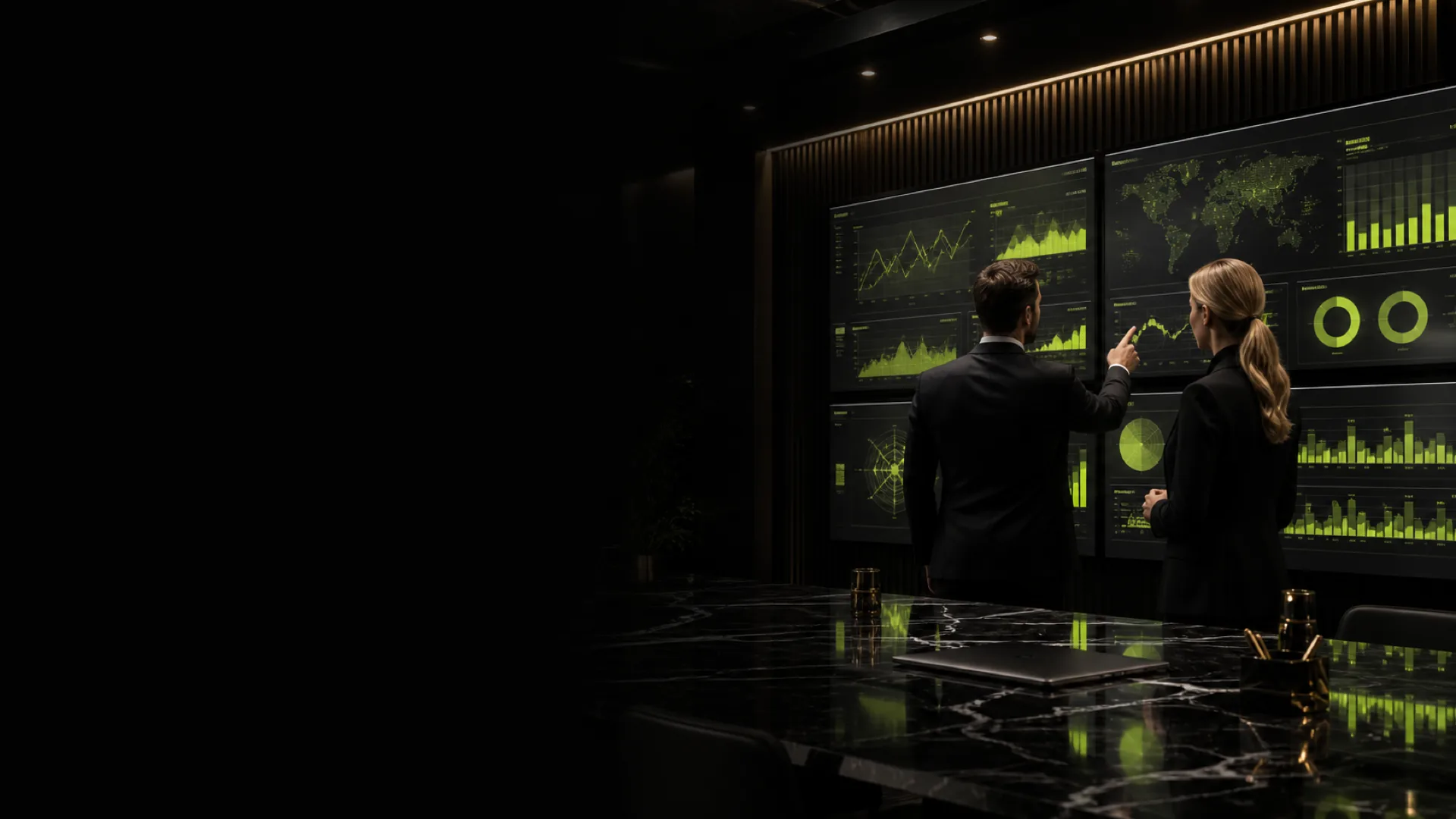 Deux consultants analysent des tableaux de bord opérationnels dans une salle de réunion